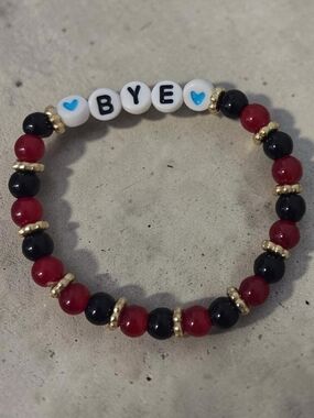 Beaded 'BYE' Stretch Bracelet with Red, Black & Gold Accents